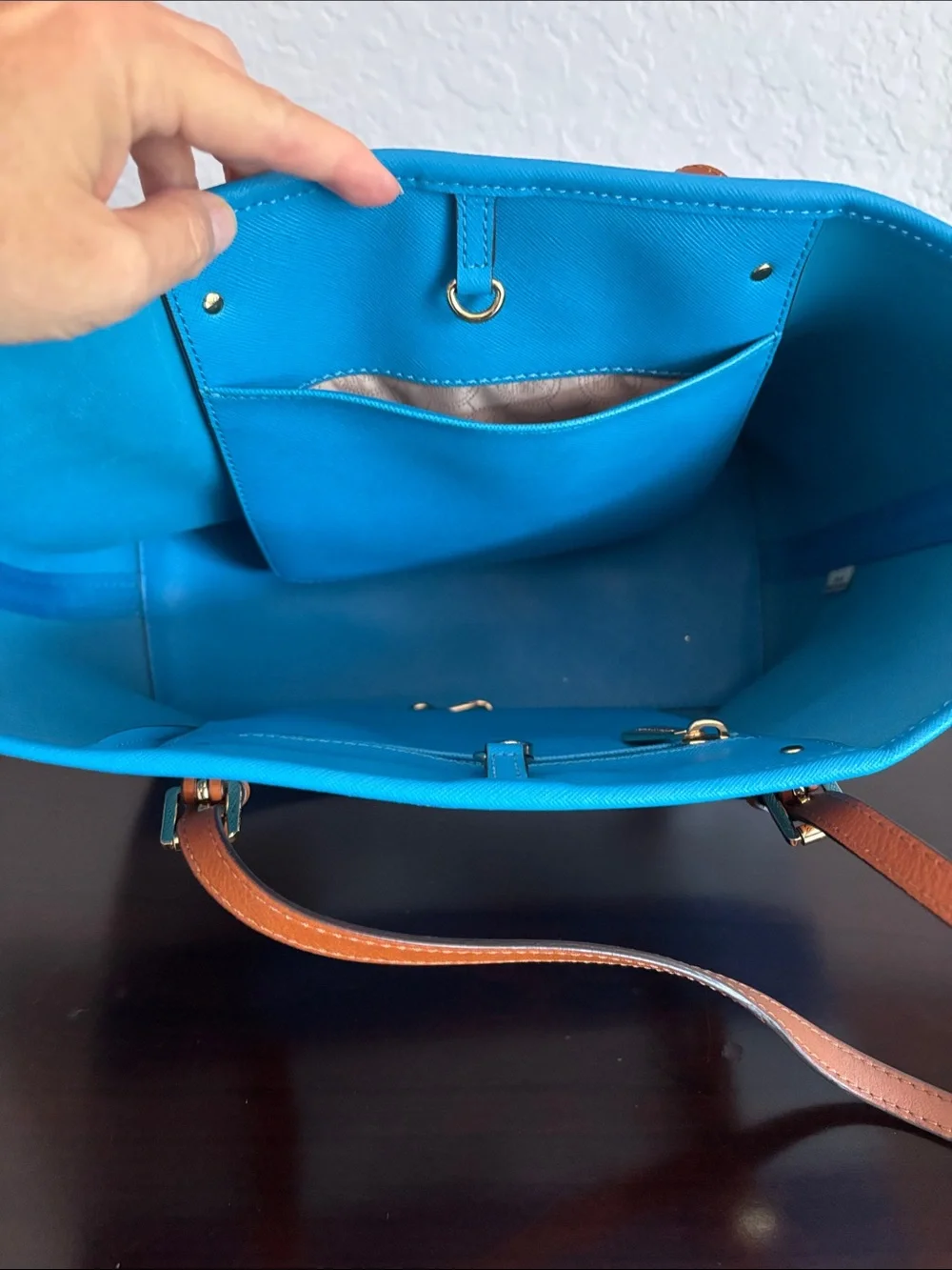 Michael Kors Turquoise & White Striped Medium Tote with Brown Straps